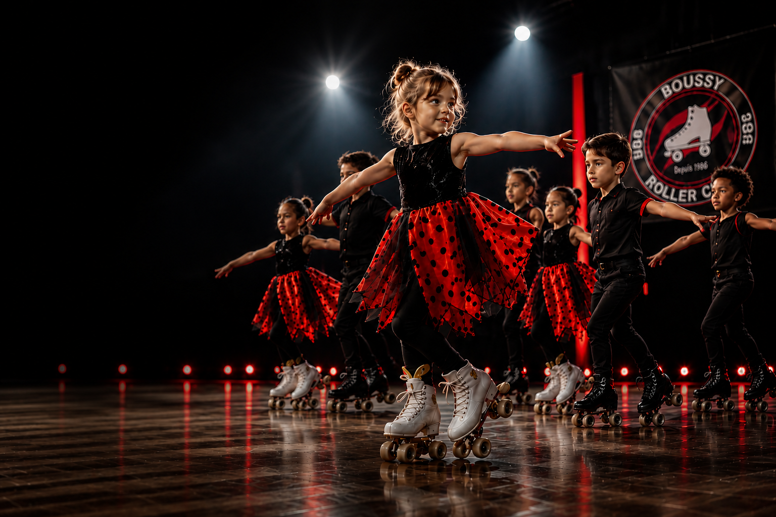 Jeunes patineurs et patineuses du Boussy Roller Club pendant un spectacle
